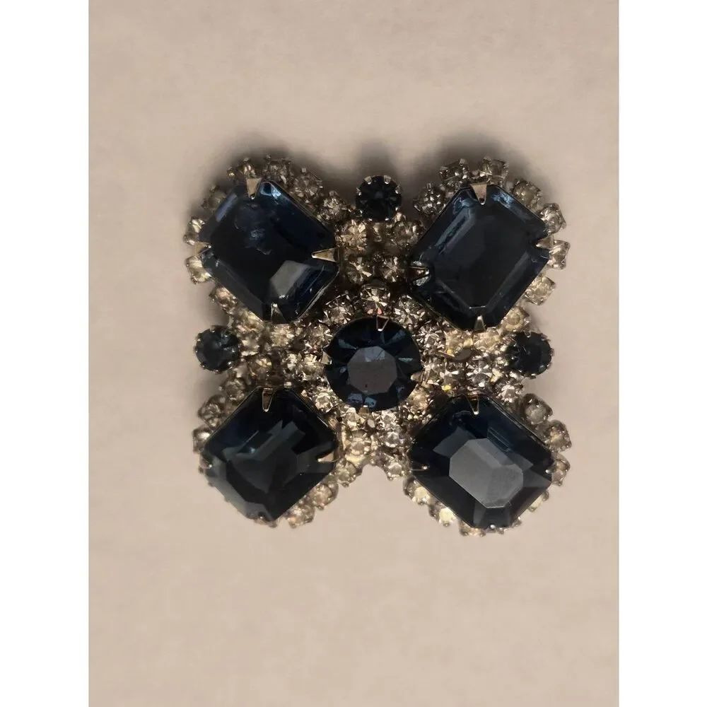 Vintage Blue Glass & White Rhinestone Brooch Pin